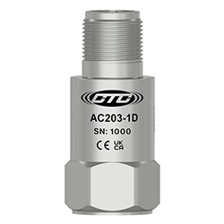 A render of a CTC AC203 stainless steel, standard size, top exit industrial accelerometer.